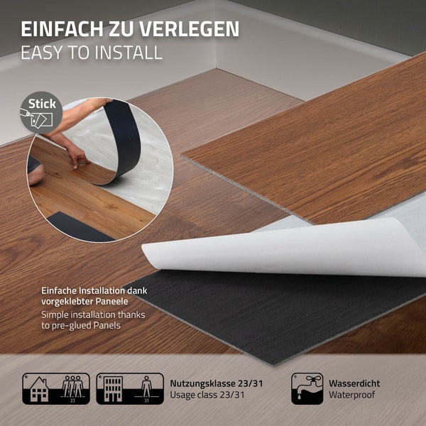 ML-Design Deluxe PVC Bodenbelag, Selbstklebende Vinyl-Dielen, Vinylboden, 91,5 cm x 15,3 cm x 2 mm, Dicke 2 mm, 6,69m²/48 Dielen, Roteiche, Braun, Holzoptik, rutschfest, wasserfest, Einfache Verlegung