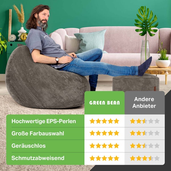 Green Bean 2er Set Indoor XXL Sitzsack + Pouf mit EPS-Perlen Füllung - Fußhocker Fußkissen Hocker Bodenkissen Liegekissen Sitzkissen Lounge Chair - Anthrazit