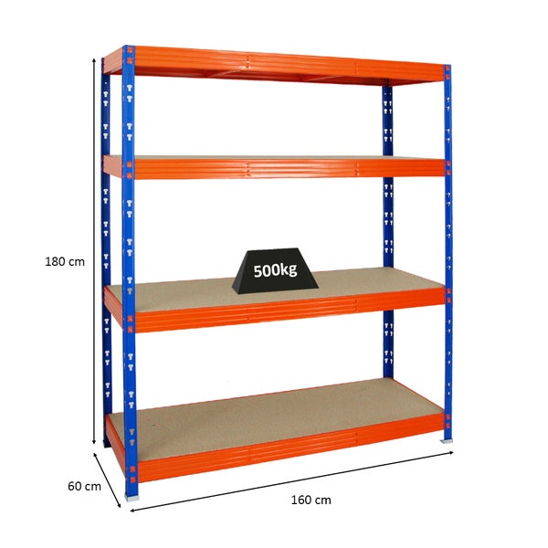 PROREGAL Profi Schwerlastregal Rhino HxBxT 180 x 160 x 60 cm 4 Spanplatten-Ebenen 8mm Fachlast 500 kg Blau/Orange