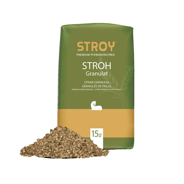 STROY Strohgranulat, Premium Pferdeeinstreu, 15 Kilogramm Sack mit einer Probe der Pellets.
