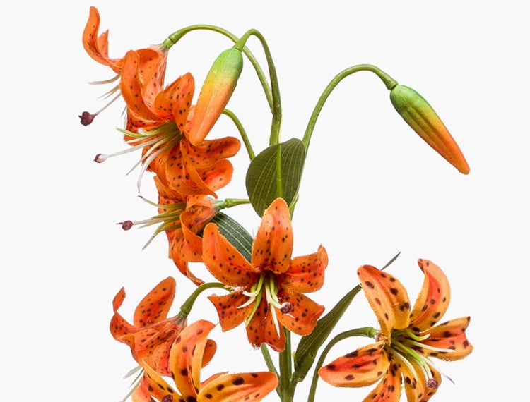 Künstliche Tigerlilie mit gemusterten orangefarbenen Blütenblättern und grünen Stielen.