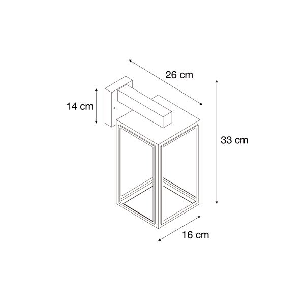 Maßzeichnung einer Außenwandleuchte mit Abmessungen: Höhe 33 Zentimeter, Breite 16 Zentimeter, Tiefe 26 Zentimeter.