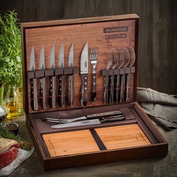 Tramontina Churrasco Grillbesteck Set mit Holzbox, inklusive Messer, Gabeln und Schneidebrett
