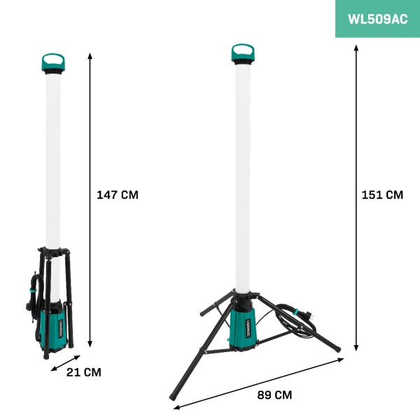 VONROC PRO Arbeitsleuchte 360° - LED - 76W – Flutlicht - mit Stativ – sehr leistungsstark: 11.500 Lumen - Höhe: 151 cm – 5 m Kabel