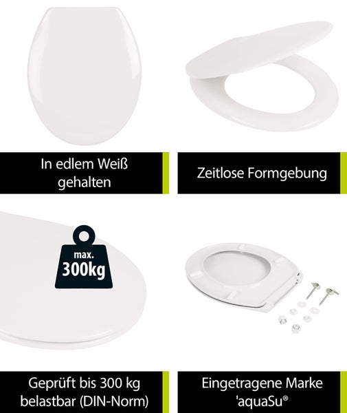 aquaSu® WC-Sitz Siena, Weiß, antibakterieller Duroplast Toilettensitz, Edelstahl-Scharniere, Schnellbefestigung Fast-Fix, Toilettendeckel, universale O Form, Klodeckel & Klobrille Weiß 215022