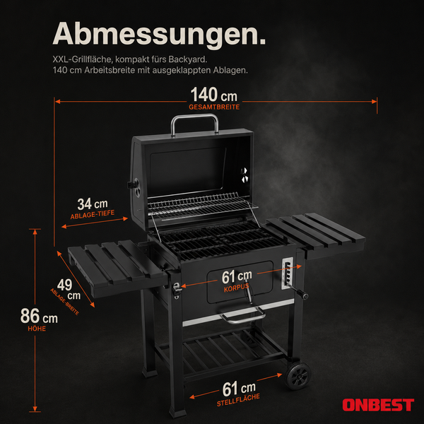 Schwarzer XXL-Holzkohlegrill mit Maßen: Breite 140 Zentimeter, Korpus 61 Zentimeter, Höhe 86 Zentimeter und zwei Seitenablagen. ONBEST Logo.