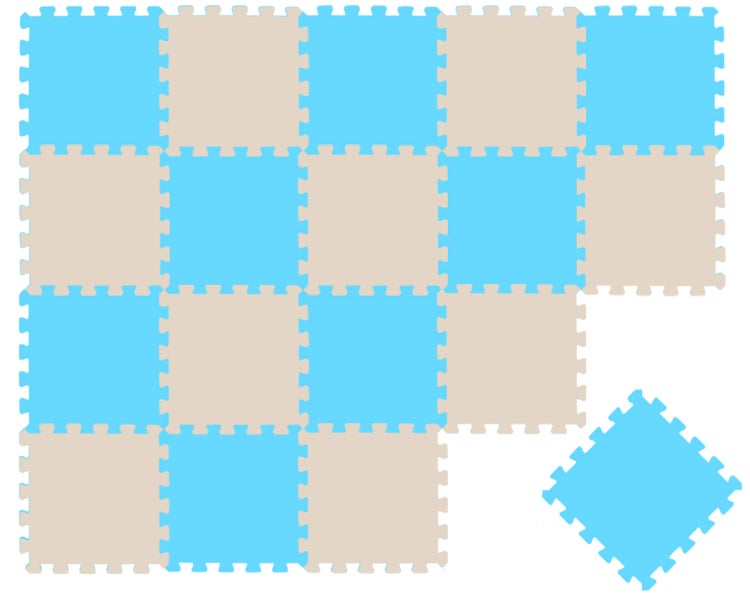 Ineinandergreifende Bodenfliesen aus Schaumstoff im Schachbrettmuster, blau und beige.