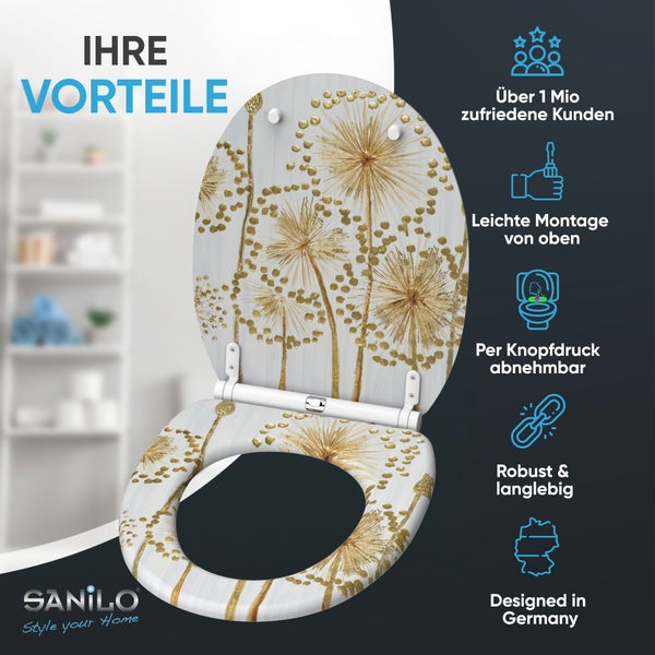 Toilettensitz mit Pusteblumenmuster und Sanilo Logo inklusive Produktvorteilen wie einfacher Montage, abnehmbarem Deckel und hoher Langlebigkeit.
