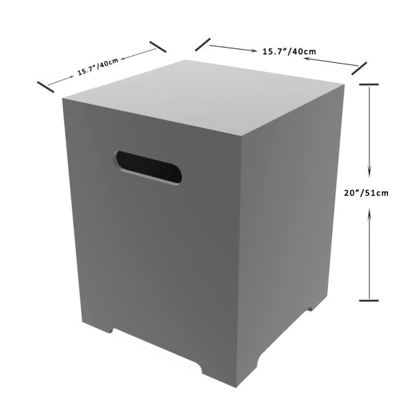 Grauer Beistelltisch oder Gasflaschenverkleidung mit den Maßen 40 Zentimeter Breite 40 Zentimeter Tiefe und 51 Zentimeter Höhe
