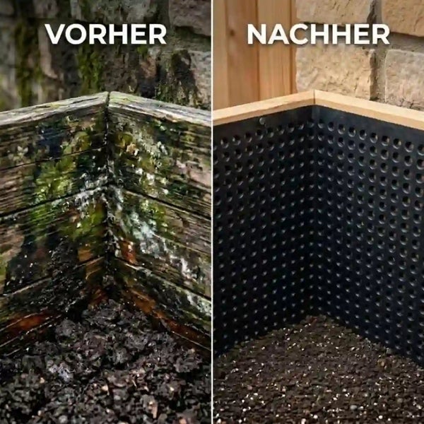 Vorher Nachher Vergleich eines Hochbeets mit Noppenbahn zum Schutz der Holzinnenwand vor Feuchtigkeit und Verrottung.