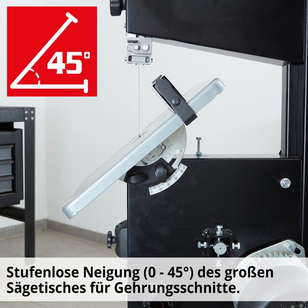 Bandsäge mit stufenloser Neigung des Sägetisches für Gehrungsschnitte und Symbol für 45 Grad Winkel