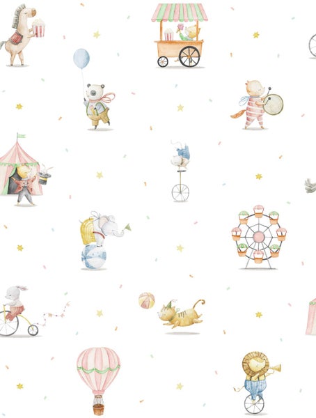 Kindertapete mit Zirkusmotiven im Aquarell-Stil, zeigt verschiedene Tiere wie Elefant, Löwe und Panda sowie ein Riesenrad und Heißluftballon.