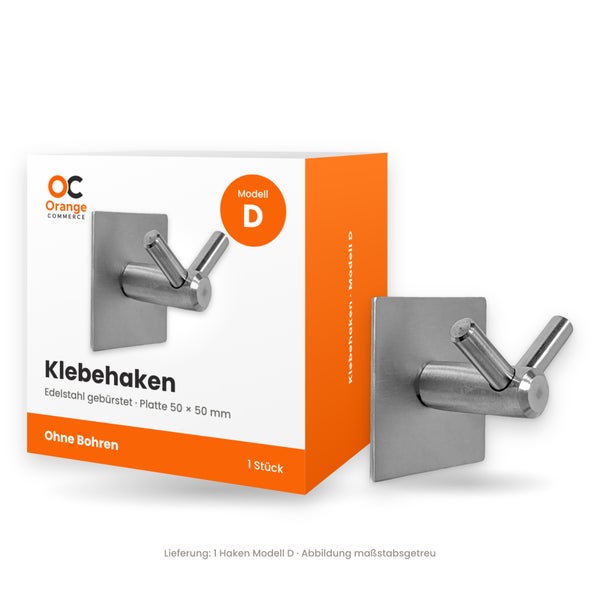 Klebehaken Modell D aus gebürstetem Edelstahl mit quadratischer Platte 50 mal 50 Millimeter zur Montage ohne Bohren inklusive Verpackung