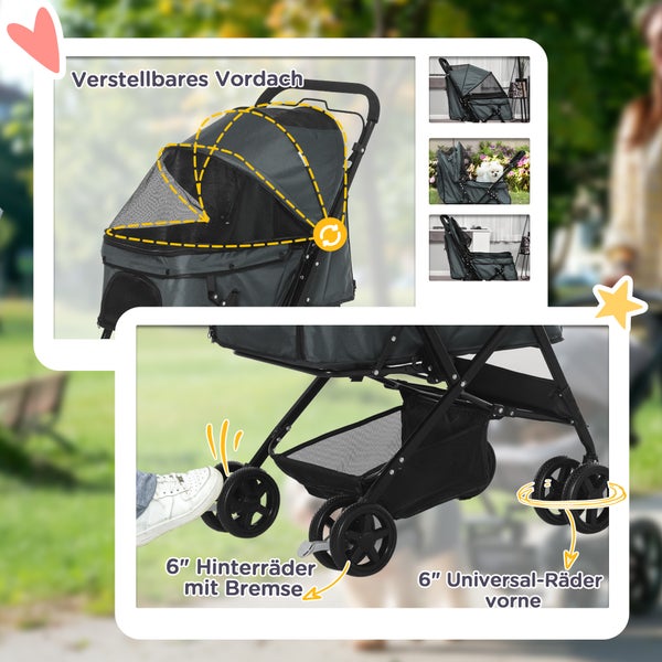 PawHut Hundebuggy, 76,5L x 52B x 95H cm, Stahl, Oxford-Gewebe, Dunkelgrau
