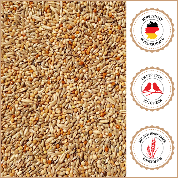 Wellensittichfutter mit dem Siegel Hergestellt in Deutschland, geeignet zur Fütterung in der Zucht und aus hochwertigen Rohstoffen.