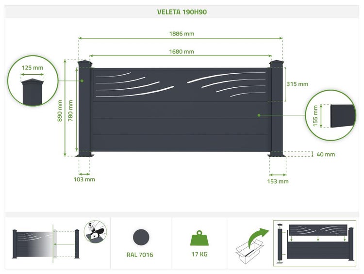 Set mit 2 Zäunen aus grauem Aluminium VELETA 190H90