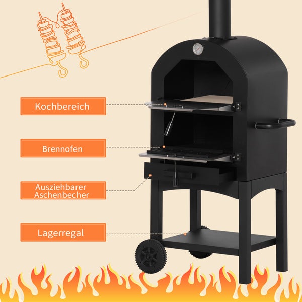 Schwarzer Outdoor-Pizzaofen mit Details zu Kochbereich, Brennofen, ausziehbarem Aschenbecher und Lagerregal auf Rädern.