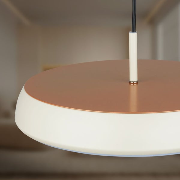 Moderne Pendelleuchte mit flachem Metallschirm in Tellerform und hängender Kabelaufhängung
