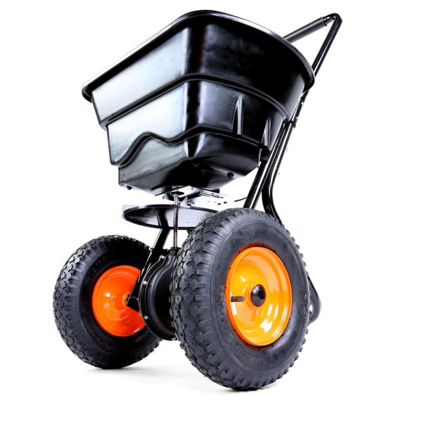 Gartengerät mit Behälter und Rädern zur Verteilung von Saatgut oder Dünger