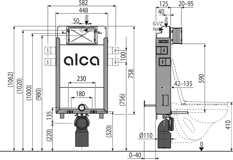 Technische Zeichnung eines Alca Vorwandelements mit Alca Logo, Frontansicht, Seitenansicht und Maßangaben in Millimeter.