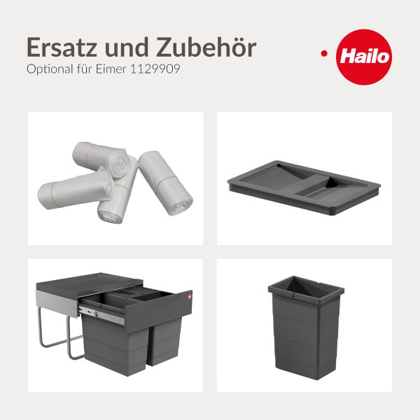 Hailo Logo mit Ersatzteilen und Zubehör für Mülleimer 1129909, inklusive Müllbeutel, Deckel, Mülltrennsystem und Eimer.