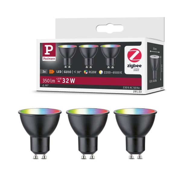 Standard 230V Smart Home Zigbee 3.0 LED Reflektor GU10 3x350lm 3x4,8W RGBW+ dimmbar Schwarz matt