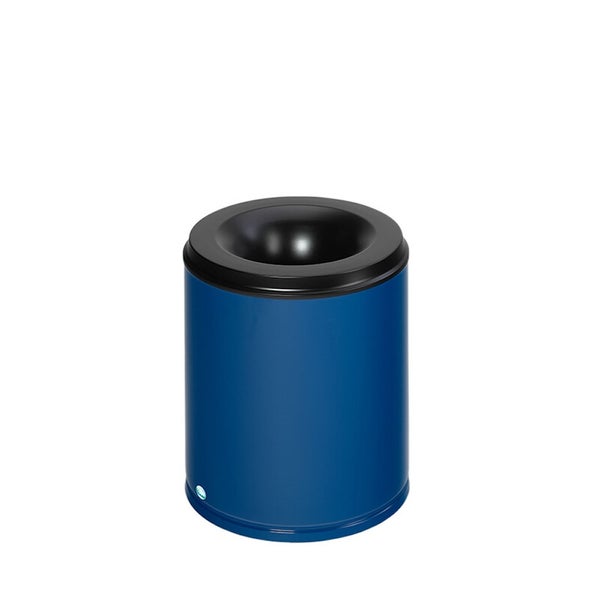 Blauer zylindrischer Ascher mit schwarzem Oberteil.
