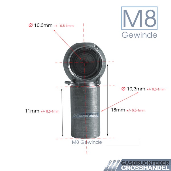 Metall-Kugelpfanne für Gasdruckfedern mit M8-Gewinde und technischen Maßangaben in Millimeter. Gasdruckfeder Grosshandel Logo.