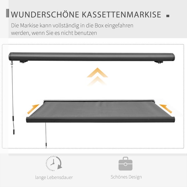 Outsunny Elektrische Markise, mit Fernbedienung Handkurbel Vollkassettenmarkise, 3x2,5m, Aluminium, Stahl, Polyester-Gewebe, Dunkelgrau