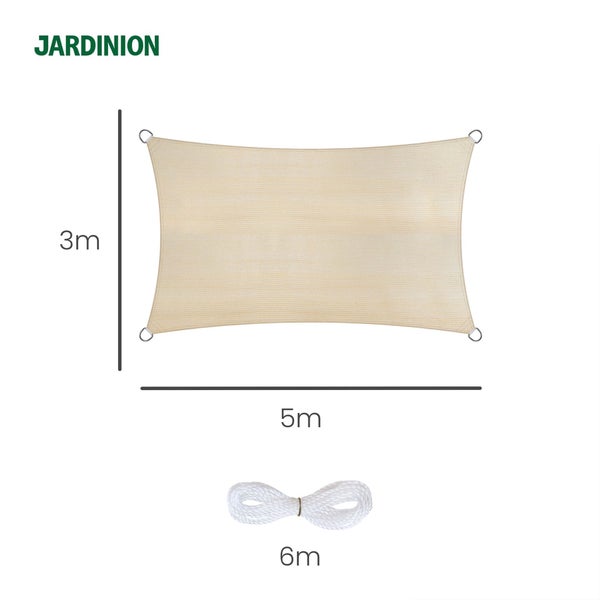 JARDINION Logo. Rechteckiges Sonnensegel mit den Maßen 3 mal 5 Meter und einem 6 Meter langen Befestigungsseil.