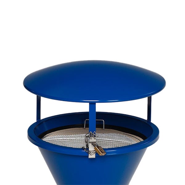 Blauer Standascher aus Metall mit Schutzdeckel und Vorhängeschloss.