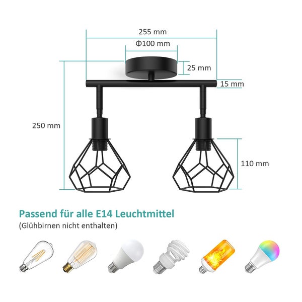 Abmessungen der schwarzen Deckenleuchte mit zwei Leuchtenarmen für E14-Leuchtmittel