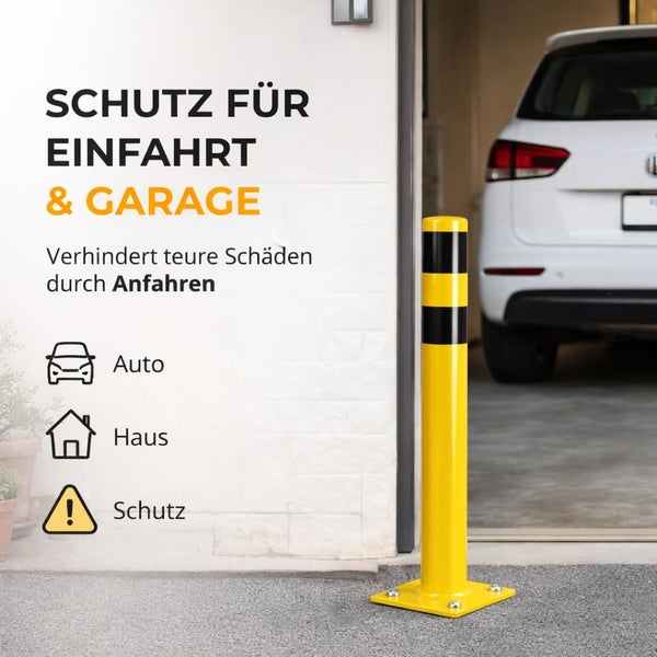 Gelber Rammschutzpoller für Einfahrt und Garage zur Vermeidung von Schäden durch Anfahren.