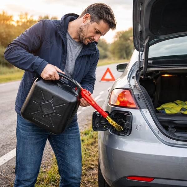 Ein Mann füllt Benzin aus einem Benzinkanister in ein Auto ein.