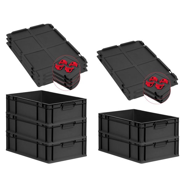PROREGAL SuperSparSet 5x Eurobox NextGen Grip mit Auflagedeckel inkl. 4 roten Schiebeschnappverschlüssen, HxBxT 17x40x60cm, 34 Liter, Schwarz, Griffe geschlossen, Eurobehälter, Transportbox, Transportbehälter, Stapelbehälter