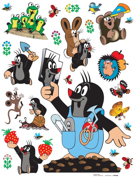Wandsticker mit verschiedenen Comicfiguren, darunter ein Maulwurf, Frösche, ein Hase und Insekten.