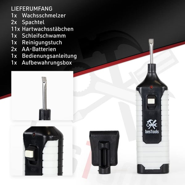 Batteriebetriebener Wachsschmelzer mit Metallspitze und Schiebeschalter. besTools Logo. Text listet Lieferumfang inklusive Hartwachsstäbchen auf.