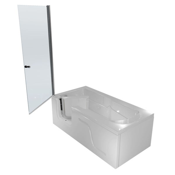 Barrierefreie Badewanne mit Seitentür, Glas-Duschwand und strukturierter Antirutsch-Bodenfläche.
