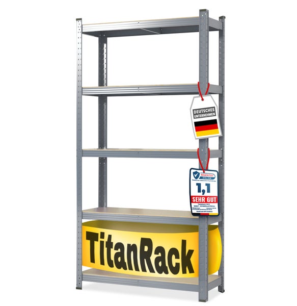 TitanRack Schwerlastregal aus Metall mit fünf Holzböden. Deutsches Unternehmen, Bewertung sehr gut 1,1. TitanRack Logo.