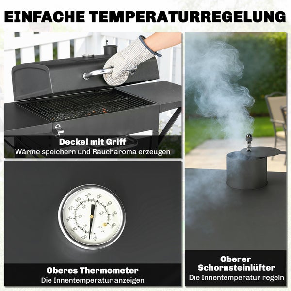Outsunny Holzkohlegrill mit Deckel, BBQ Smoker Grill mit 2 Seitentischen Große Grillfläche Grillrost Thermometer Räder, Grillwagen Standgrill Kohlegrillwagen 110 x 46,5 x 101 cm Schwarz