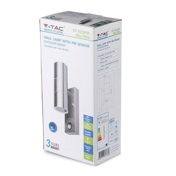 V-TAC Wandleuchte mit Bewegungsmelder für den Außenbereich in Produktverpackung.