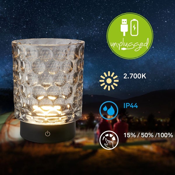 LED Akku Tischleuchte Glas 3-step touch 2W 150 lm 2700 K H 15 cm Sunora grau