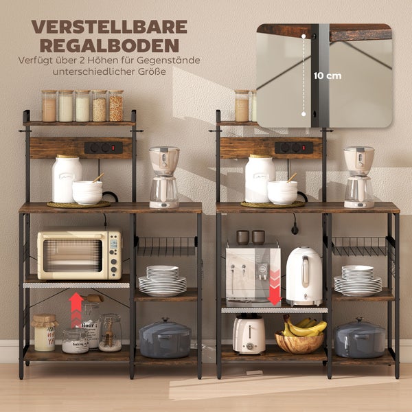 Küchenregal aus Metall und Holz mit um 10 Zentimeter höhenverstellbaren Regalböden, bestückt mit Mikrowelle, Kaffeemaschine und Geschirr.