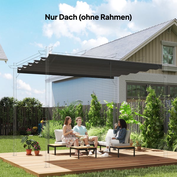 Dunkelgraues Ersatzdach für Pergola ohne Rahmen über einer Sitzgruppe auf einer Holzterrasse im Garten.