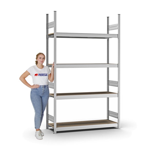 PROREGAL Weitspannregal Stecksystem T-Profil Grundregal HxBxT 250x150x40 cm 4 Ebenen Spanplatten Fachboden Fachlast 350 kg Verzinkt