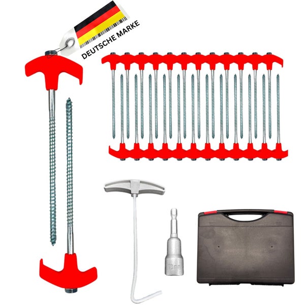 Set aus Heringen mit T-Griff, Schrauben, 13 Millimeter Nuss und Aufbewahrungskoffer für Camping und Outdoor.