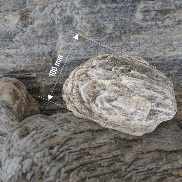 Naturstein mit einer Größenangabe von 100 Millimetern.