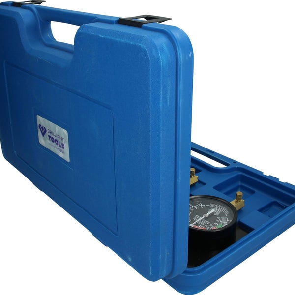 Brilliant Tools Logo im blauen Werkzeugkoffer mit Manometer