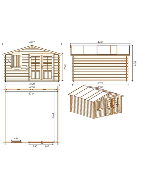Technische Zeichnung eines Gartenhauses aus Holz mit Maßangaben für Frontansicht, Seitenansicht, Grundriss und einer Perspektivansicht.