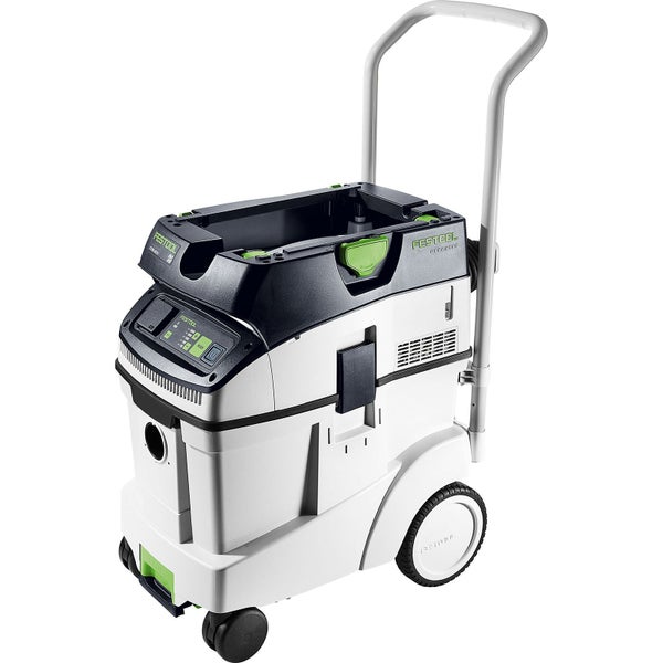 Festool Absaugmobil Cleantec CTM 48 E mit Schiebebügel, vier Rollen und integriertem Zubehörfach oben.